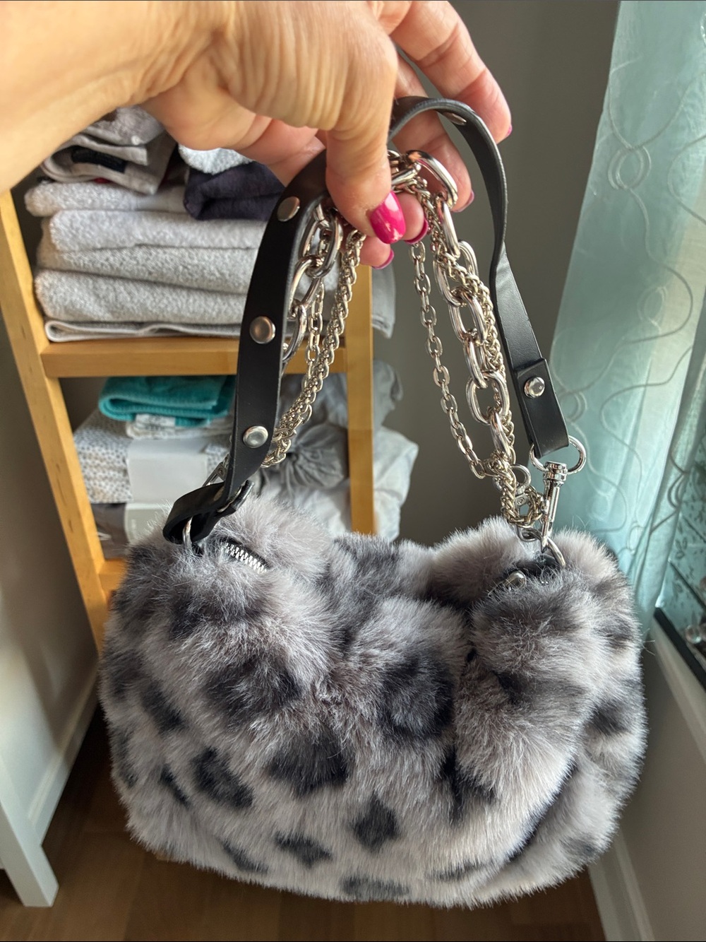Gray Faux Fur Chain Accent Bag